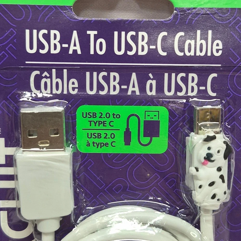 E-Circuit 2PK Dalmatian Dog USB-A to USB-C Charging Data Cable 39in White 2.1A